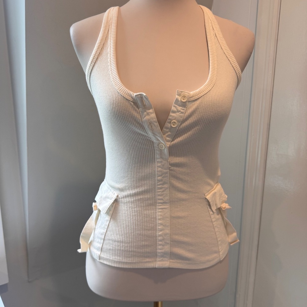 Zara Cream Ribbed Henley Cargo Tank Top Utility Pocket Halter | Size S